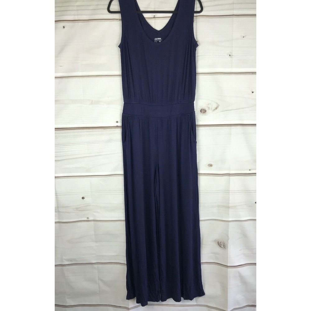 Lisa Rinna Jumpsuit Womens S Blue Wide Leg Sleeveless Scoop Neck Solid Knit